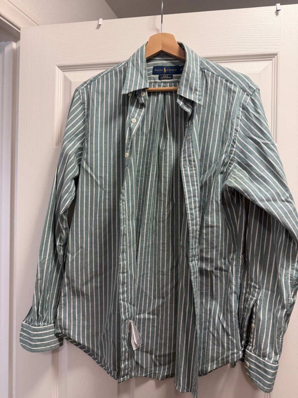 Ralph Lauren Green and White Vertical Stripe Button-Down Shirt